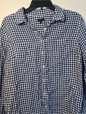 Talbots Womens XL 100% Linen Blue/White Checkered Gingham Button Down Shirt